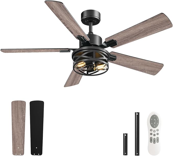 52 Inch Farmhouse Ceiling Fan with Lights and Remote, Timer, Dual Finish 5 Blades (Gray Oak and Black), 6 Speeds, Reversible