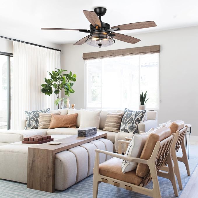 52 Inch Farmhouse Ceiling Fans with Lights and Remote Control - 3-Speed Reversible Motor, Retro Style Indoor/Outdoor Ceiling
