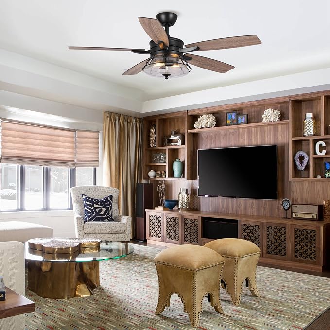 52 Inch Farmhouse Ceiling Fans with Lights and Remote Control - 3-Speed Reversible Motor, Retro Style Indoor/Outdoor Ceiling