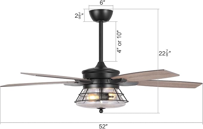 52 Inch Farmhouse Ceiling Fans with Lights and Remote Control - 3-Speed Reversible Motor, Retro Style Indoor/Outdoor Ceiling