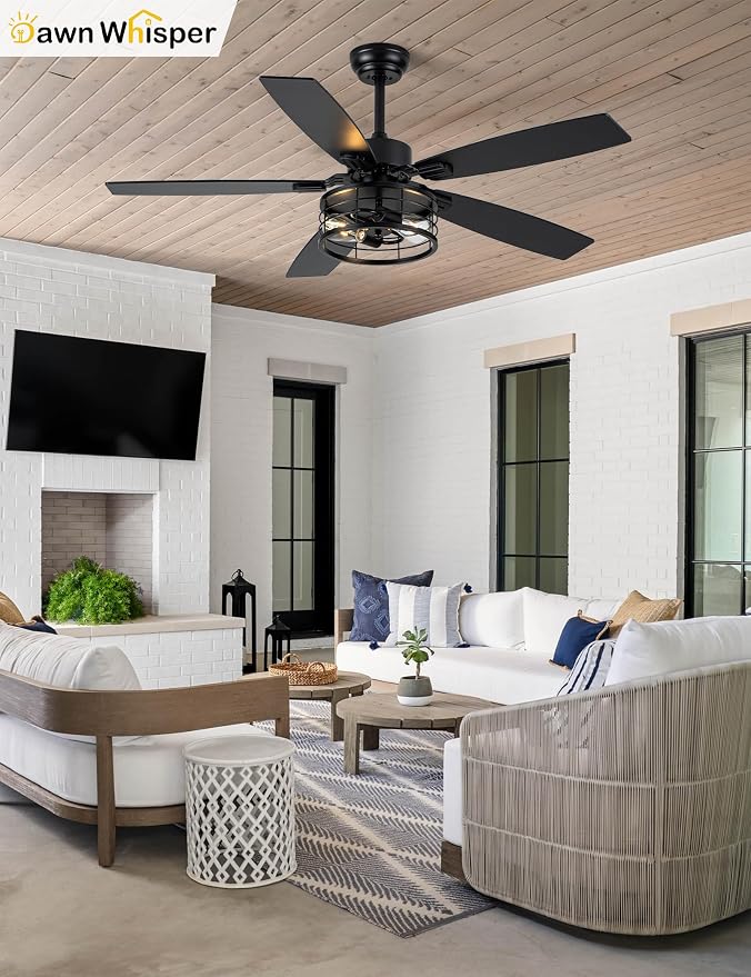 52 Inch Farmhouse Ceiling Fans with Lights and Remote Quiet and Reversible DC Motor Black Industrial Rustic, alternate view 3