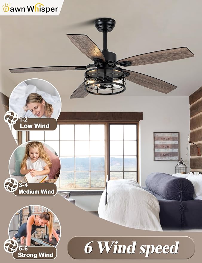 52 Inch Farmhouse Ceiling Fans with Lights and Remote Quiet and Reversible DC Motor Black Industrial Rustic, alternate view 4