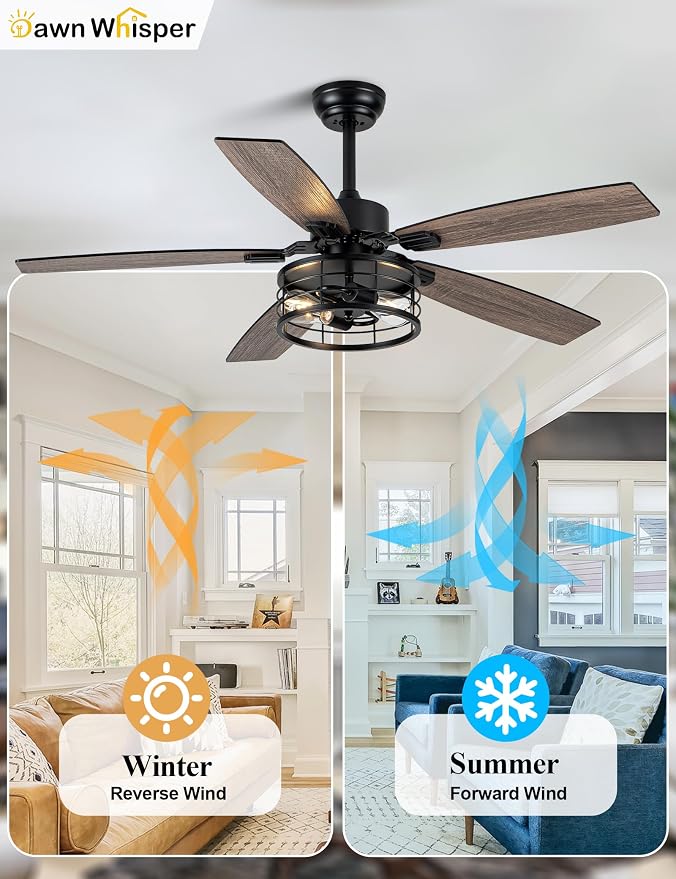 52 Inch Farmhouse Ceiling Fans with Lights and Remote Quiet and Reversible DC Motor Black Industrial Rustic, alternate view 5