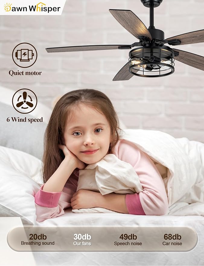 52 Inch Farmhouse Ceiling Fans with Lights and Remote Quiet and Reversible DC Motor Black Industrial Rustic, alternate view 6