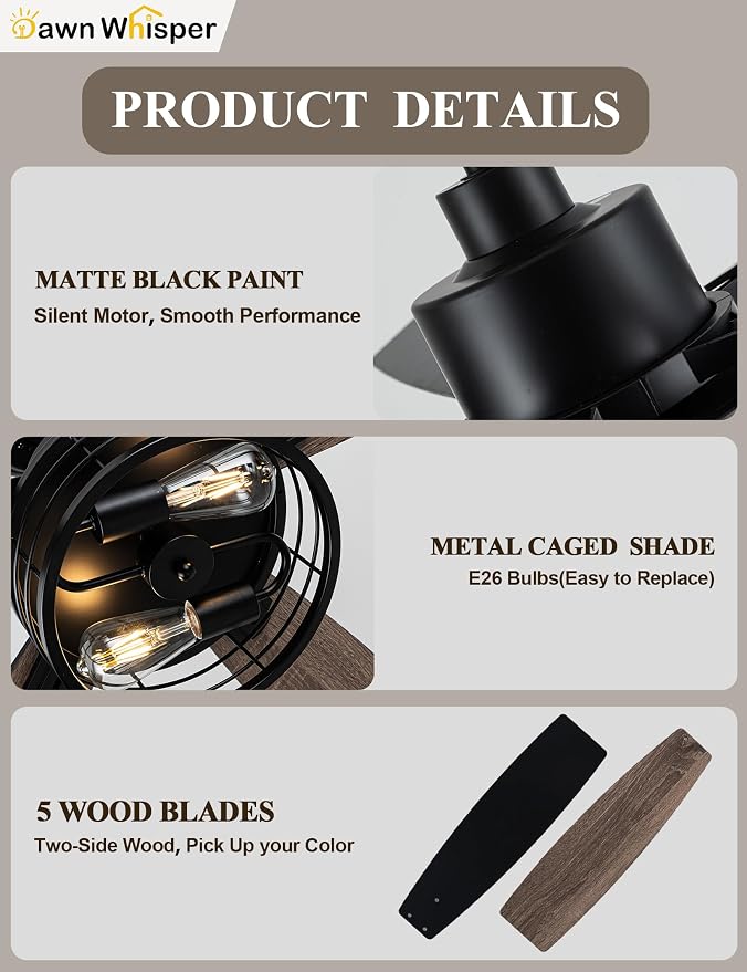 52 Inch Farmhouse Ceiling Fans with Lights and Remote Quiet and Reversible DC Motor Black Industrial Rustic, alternate view 7