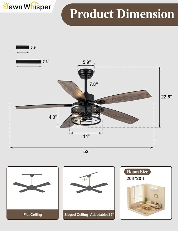 52 Inch Farmhouse Ceiling Fans with Lights and Remote Quiet and Reversible DC Motor Black Industrial Rustic, alternate view 8