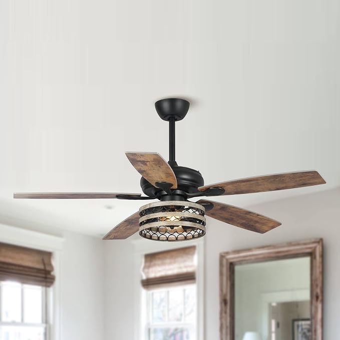 52 Inch Farmhouse Ceiling Fans with Lights, Industrial Caged Ceiling Fan with Remote, 3-Speed 5 Dual Finish Blades