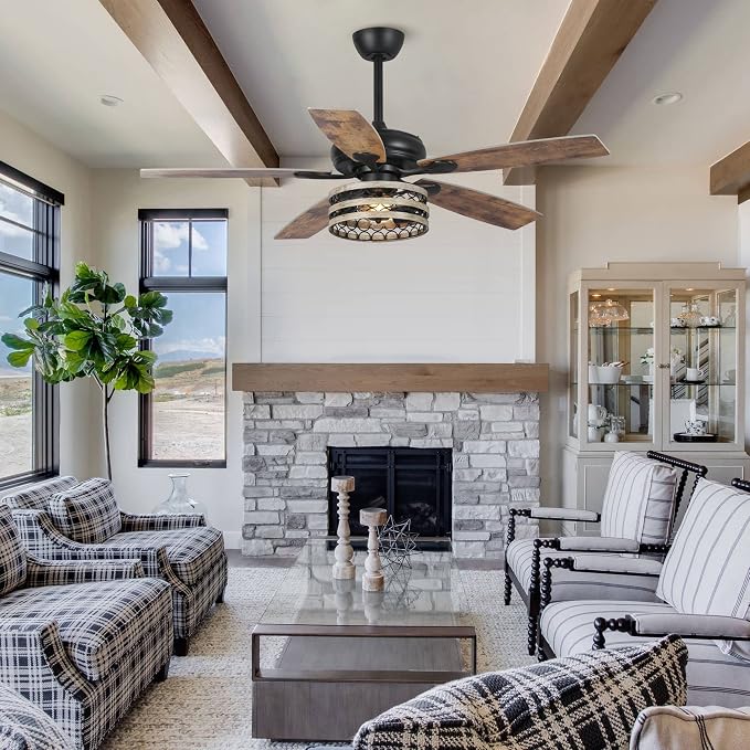 52 Inch Farmhouse Ceiling Fans with Lights, Industrial Caged Ceiling Fan with Remote, 3-Speed 5 Dual Finish Blades