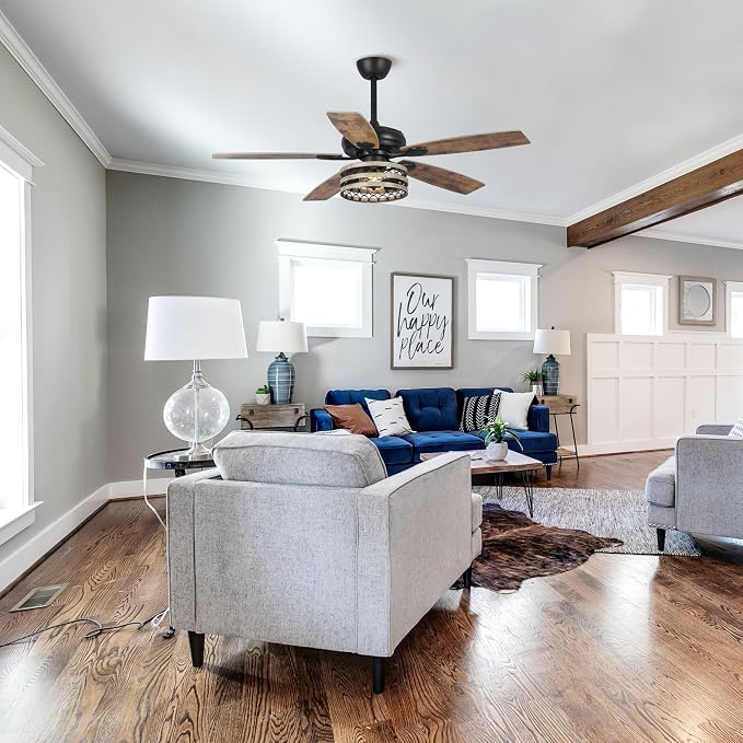 52 Inch Farmhouse Ceiling Fans with Lights, Industrial Caged Ceiling Fan with Remote, 3-Speed 5 Dual Finish Blades