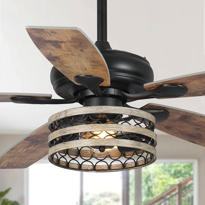 52 Inch Farmhouse Ceiling Fans with Lights, Industrial Caged Ceiling Fan with Remote, 3-Speed 5 Dual Finish Blades
