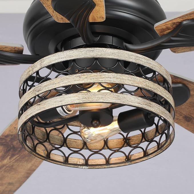 52 Inch Farmhouse Ceiling Fans with Lights, Industrial Caged Ceiling Fan with Remote, 3-Speed 5 Dual Finish Blades