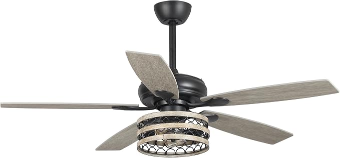 52 Inch Farmhouse Ceiling Fans with Lights, Industrial Caged Ceiling Fan with Remote, 3-Speed 5 Dual Finish Blades