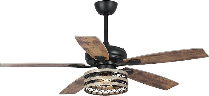 52 Inch Farmhouse Ceiling Fans with Lights, Industrial Caged Ceiling Fan with Remote, 3-Speed 5 Dual Finish Blades