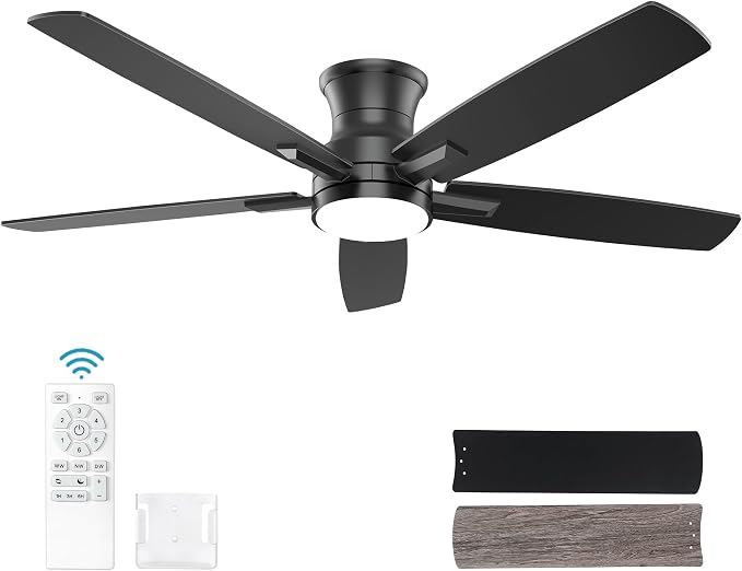 52 Inch Flush Mount Black Ceiling Fan with Light and Remote Control.Noiseless,Dimmable,3CCT,6 Speeds Reversible, Low Profile