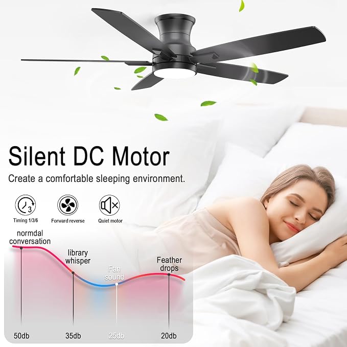 52 Inch Flush Mount Black Ceiling Fan with Light and Remote Control.Noiseless,Dimmable,3CCT,6 Speeds Reversible, Low Profile