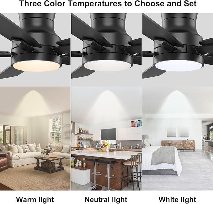 52 Inch Flush Mount Black Ceiling Fan with Light and Remote Control.Noiseless,Dimmable,3CCT,6 Speeds Reversible, Low Profile