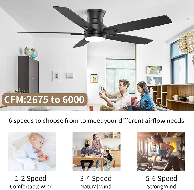 52 Inch Flush Mount Black Ceiling Fan with Light and Remote Control.Noiseless,Dimmable,3CCT,6 Speeds Reversible, Low Profile
