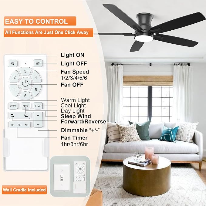 52 Inch Flush Mount Black Ceiling Fan with Light and Remote Control.Noiseless,Dimmable,3CCT,6 Speeds Reversible, Low Profile