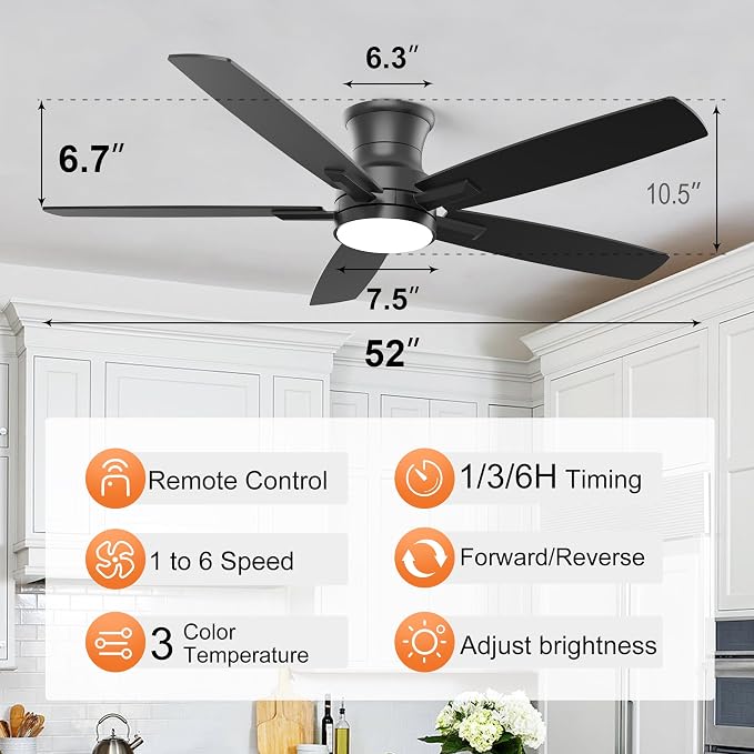 52 Inch Flush Mount Black Ceiling Fan with Light and Remote Control.Noiseless,Dimmable,3CCT,6 Speeds Reversible, Low Profile