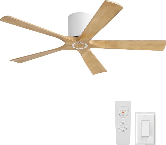 52 Inch Flush Mount Ceiling Fan No Light - 5 Solid Wood Blades, 6-Speed Reversible DC Motor, Noiseless Low Profile Ceiling