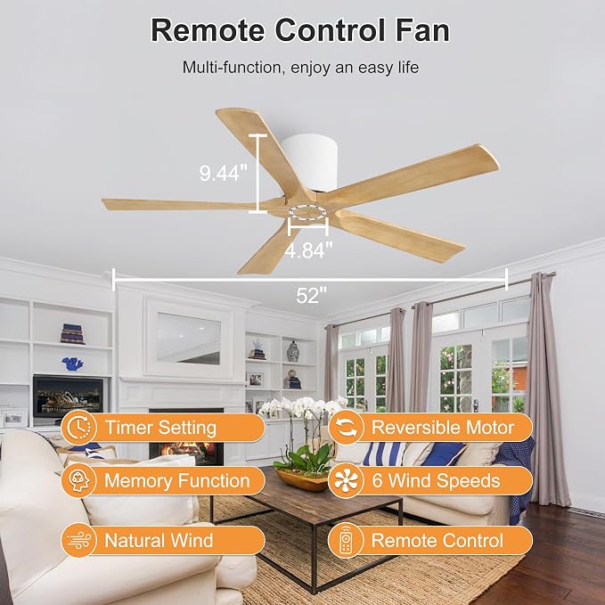 52 Inch Flush Mount Ceiling Fan No Light - 5 Solid Wood Blades, 6-Speed Reversible DC Motor, Noiseless Low Profile Ceiling