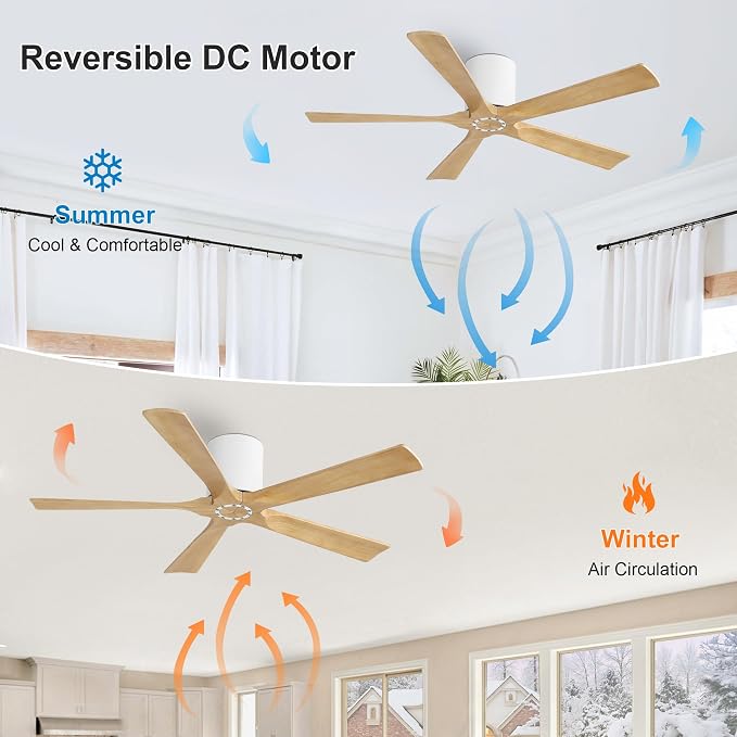 52 Inch Flush Mount Ceiling Fan No Light - 5 Solid Wood Blades, 6-Speed Reversible DC Motor, Noiseless Low Profile Ceiling