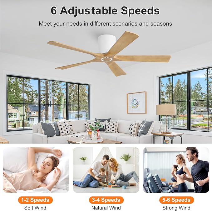 52 Inch Flush Mount Ceiling Fan No Light - 5 Solid Wood Blades, 6-Speed Reversible DC Motor, Noiseless Low Profile Ceiling