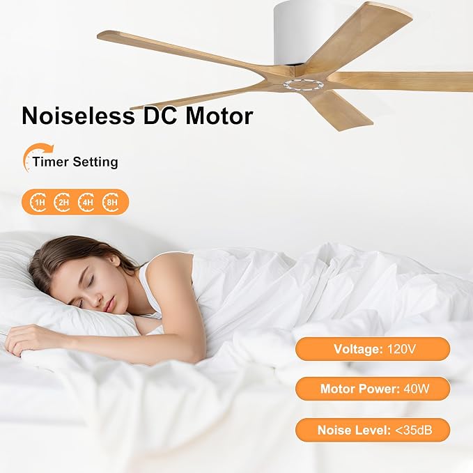 52 Inch Flush Mount Ceiling Fan No Light - 5 Solid Wood Blades, 6-Speed Reversible DC Motor, Noiseless Low Profile Ceiling