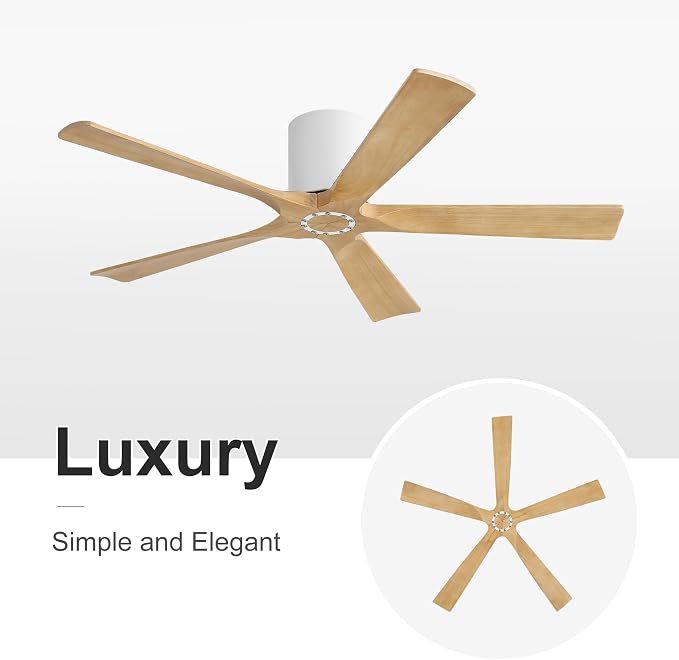 52 Inch Flush Mount Ceiling Fan No Light - 5 Solid Wood Blades, 6-Speed Reversible DC Motor, Noiseless Low Profile Ceiling