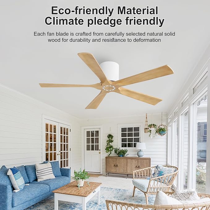 52 Inch Flush Mount Ceiling Fan No Light - 5 Solid Wood Blades, 6-Speed Reversible DC Motor, Noiseless Low Profile Ceiling