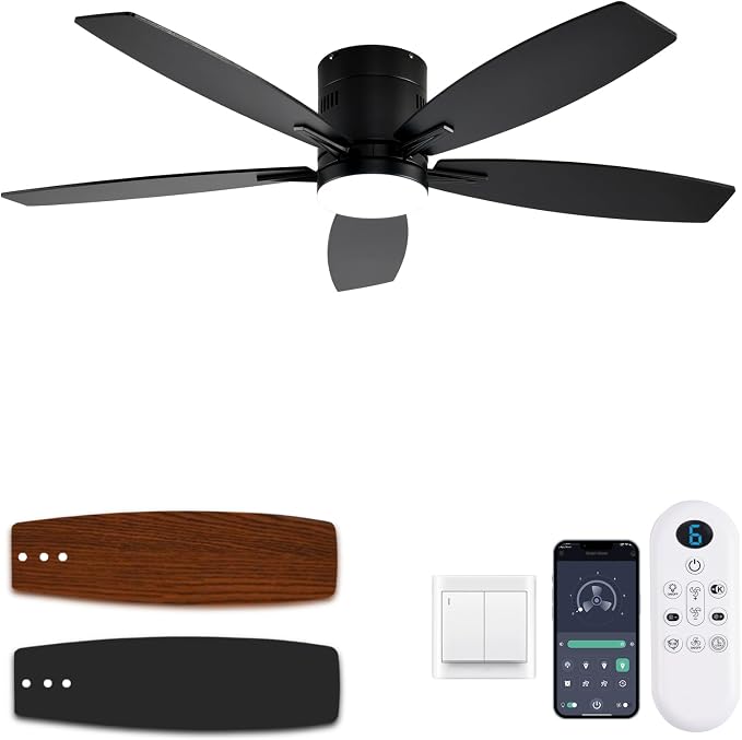 52 Inch Flush Mount Ceiling Fan with Light and Remote/App Control,Black Ceiling Fans with Lights, 3CCT,Dimmable,Noiseless,Low