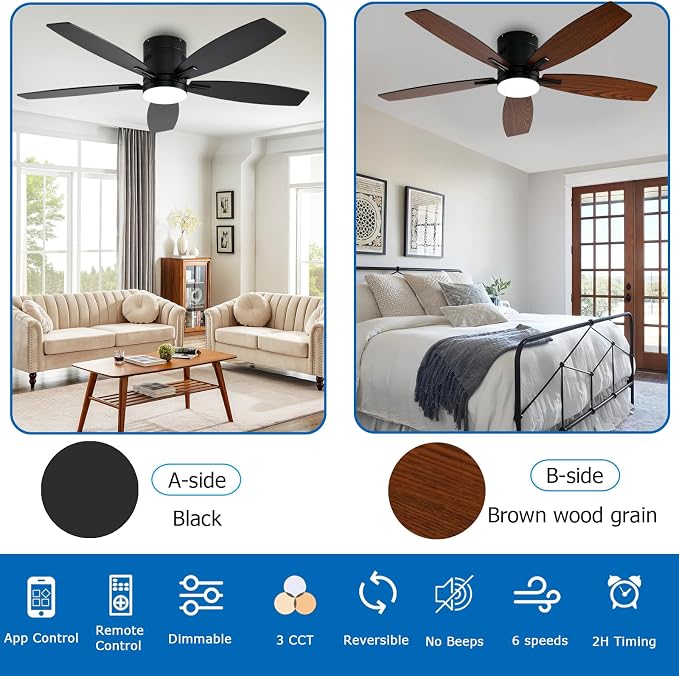 52 Inch Flush Mount Ceiling Fan with Light and Remote/App Control,Black Ceiling Fans with Lights, 3CCT,Dimmable,Noiseless,Low