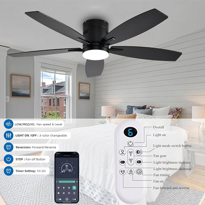 52 Inch Flush Mount Ceiling Fan with Light and Remote/App Control,Black Ceiling Fans with Lights, 3CCT,Dimmable,Noiseless,Low