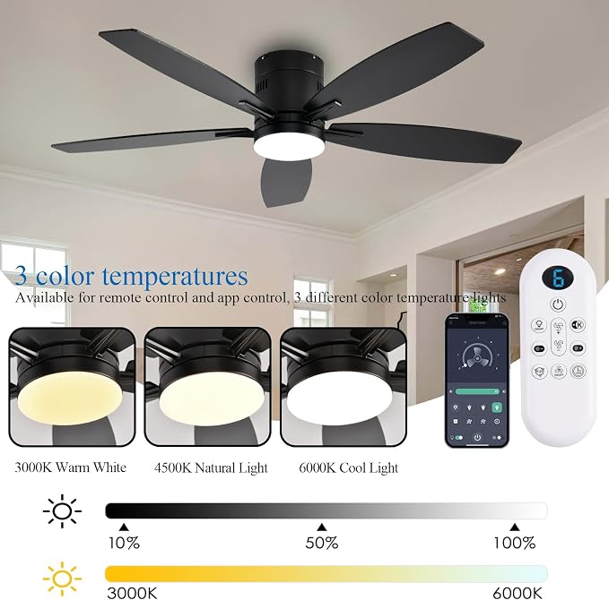 52 Inch Flush Mount Ceiling Fan with Light and Remote/App Control,Black Ceiling Fans with Lights, 3CCT,Dimmable,Noiseless,Low