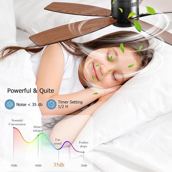 52 Inch Flush Mount Ceiling Fan with Light and Remote/App Control,Black Ceiling Fans with Lights, 3CCT,Dimmable,Noiseless,Low