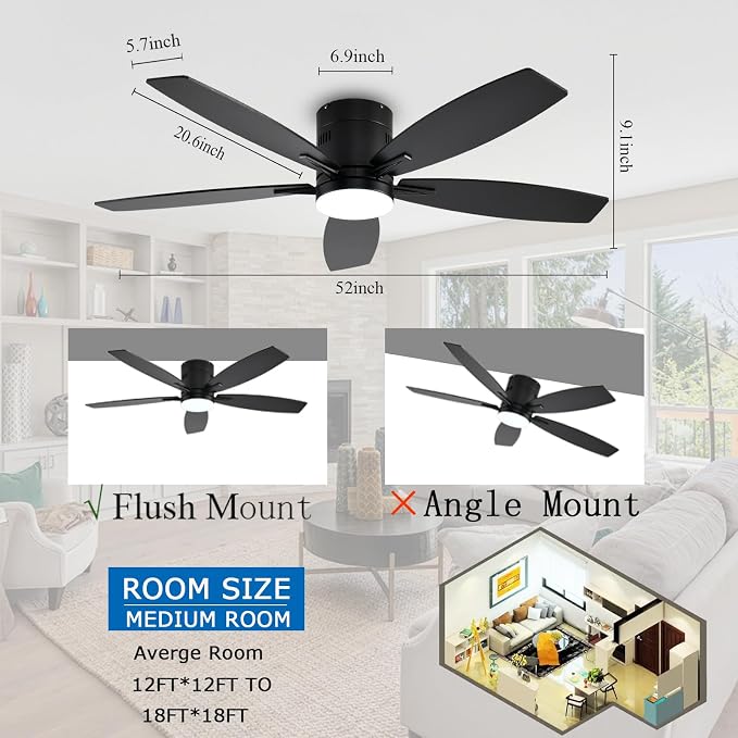 52 Inch Flush Mount Ceiling Fan with Light and Remote/App Control,Black Ceiling Fans with Lights, 3CCT,Dimmable,Noiseless,Low