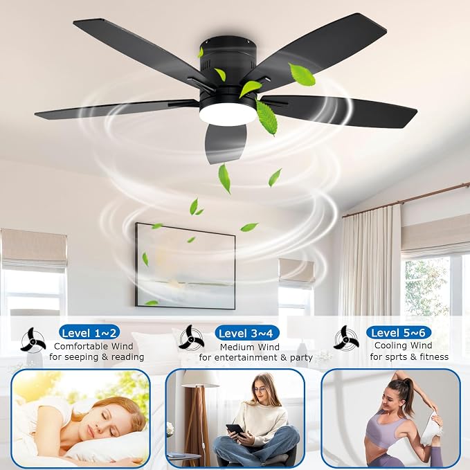 52 Inch Flush Mount Ceiling Fan with Light and Remote/App Control,Black Ceiling Fans with Lights, 3CCT,Dimmable,Noiseless,Low