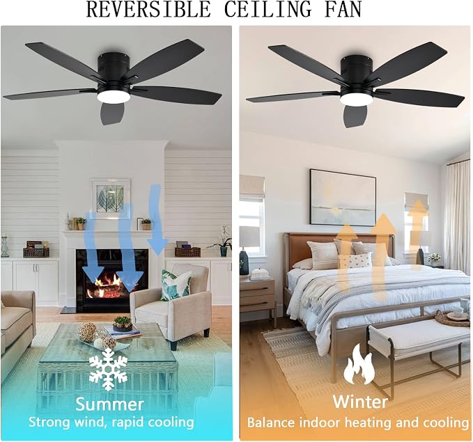 52 Inch Flush Mount Ceiling Fan with Light and Remote/App Control,Black Ceiling Fans with Lights, 3CCT,Dimmable,Noiseless,Low