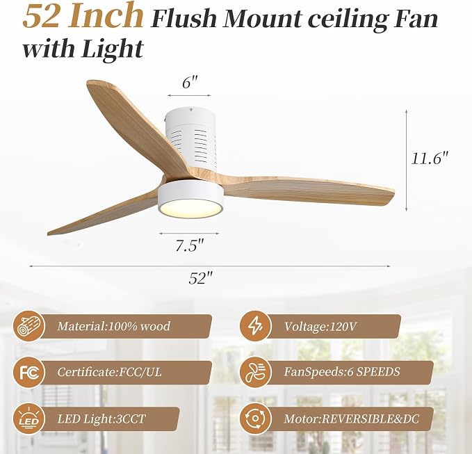 52 Inch Flush Mount Ceiling Fan with Lights, 3 blade wood ceiling fan, Low Profile Ceiling Fan with Remote,Noiseless 6 Speeds