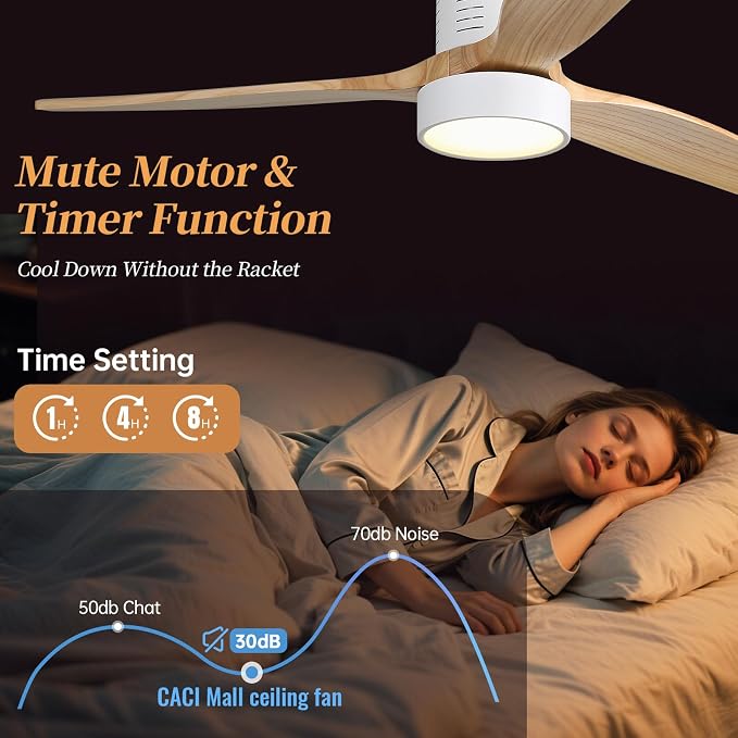 52 Inch Flush Mount Ceiling Fan with Lights, 3 blade wood ceiling fan, Low Profile Ceiling Fan with Remote,Noiseless 6 Speeds