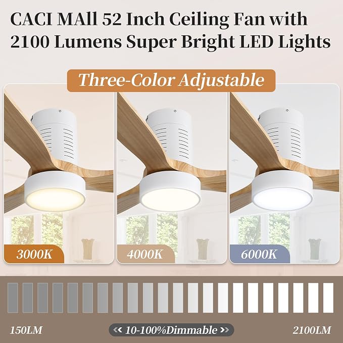52 Inch Flush Mount Ceiling Fan with Lights, 3 blade wood ceiling fan, Low Profile Ceiling Fan with Remote,Noiseless 6 Speeds