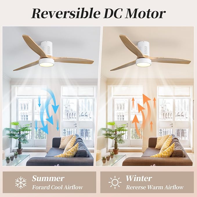 52 Inch Flush Mount Ceiling Fan with Lights, 3 blade wood ceiling fan, Low Profile Ceiling Fan with Remote,Noiseless 6 Speeds