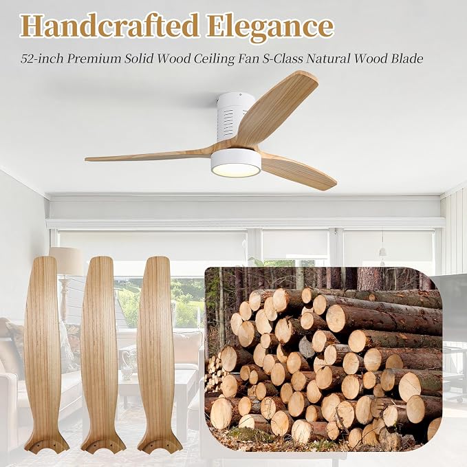 52 Inch Flush Mount Ceiling Fan with Lights, 3 blade wood ceiling fan, Low Profile Ceiling Fan with Remote,Noiseless 6 Speeds