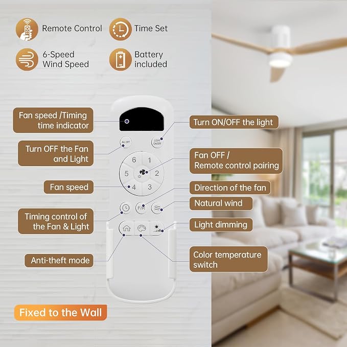 52 Inch Flush Mount Ceiling Fan with Lights, 3 blade wood ceiling fan, Low Profile Ceiling Fan with Remote,Noiseless 6 Speeds