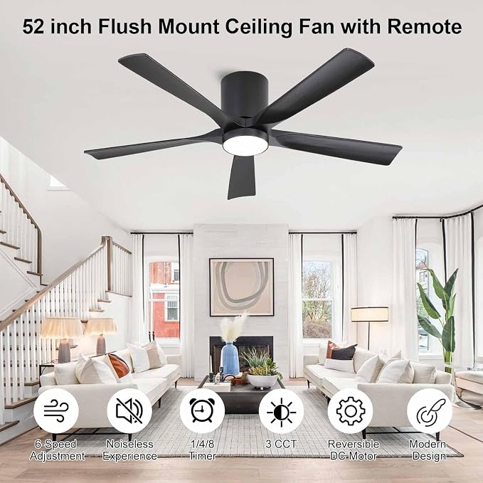 52 Inch Flush Mount Ceiling Fan with Lights, Low Profile Modern Ceiling Fan with Remote, Quiet DC Motor, 6-Speed, 3CCT,Timer