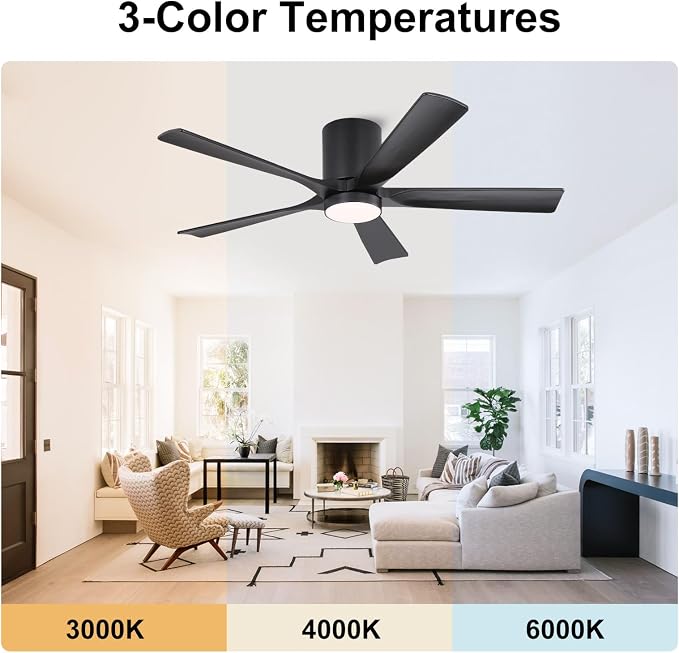 52 Inch Flush Mount Ceiling Fan with Lights, Low Profile Modern Ceiling Fan with Remote, Quiet DC Motor, 6-Speed, 3CCT,Timer
