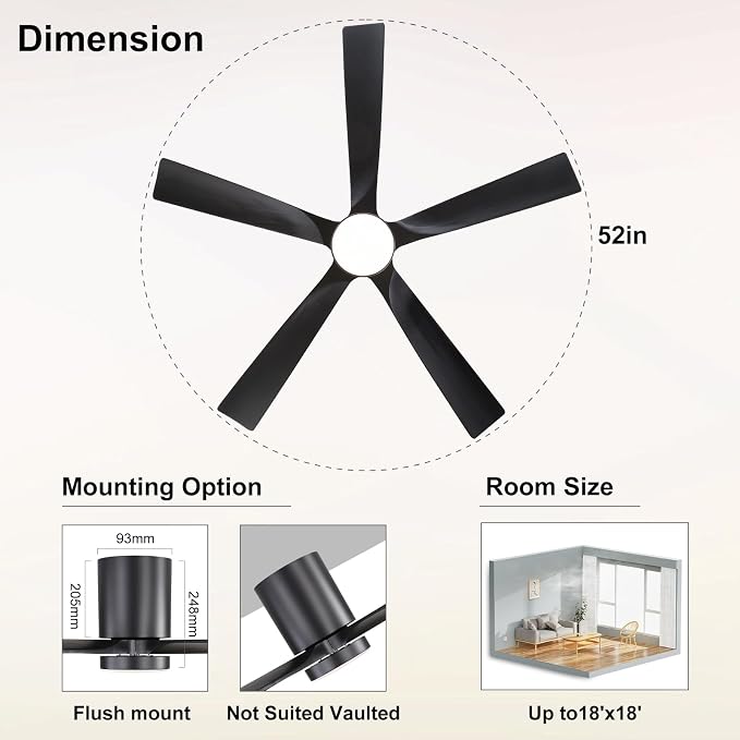 52 Inch Flush Mount Ceiling Fan with Lights, Low Profile Modern Ceiling Fan with Remote, Quiet DC Motor, 6-Speed, 3CCT,Timer