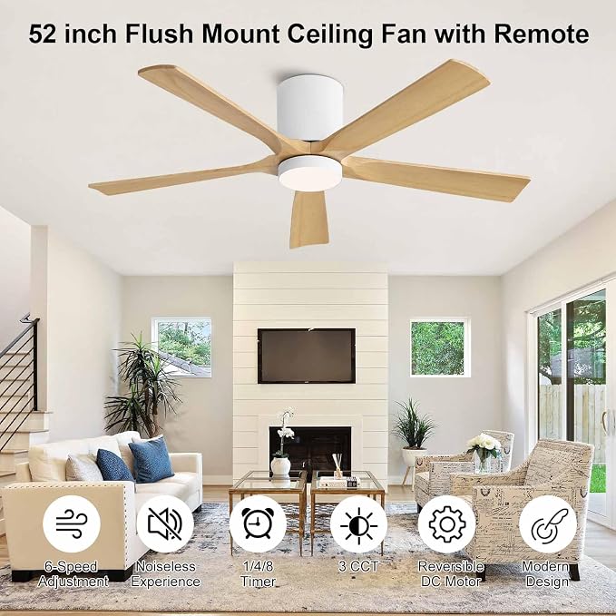 52 Inch Flush Mount Ceiling Fan with Lights, Low Profile Modern Ceiling Fan with Remote, Quiet DC Motor, 6-Speed, 3CCT,Timer