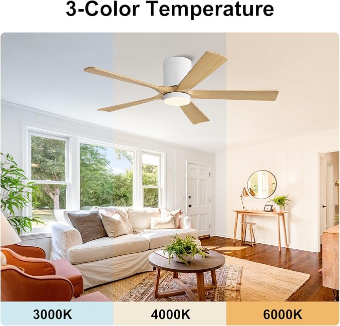 52 Inch Flush Mount Ceiling Fan with Lights, Low Profile Modern Ceiling Fan with Remote, Quiet DC Motor, 6-Speed, 3CCT,Timer
