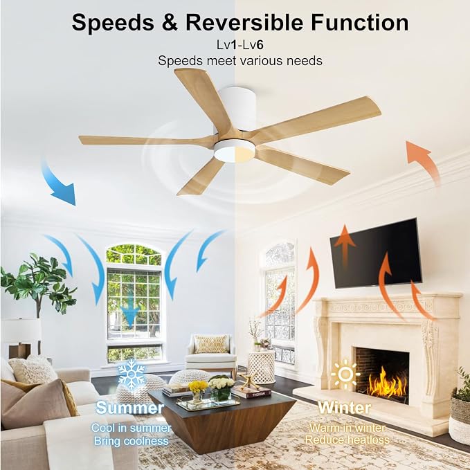 52 Inch Flush Mount Ceiling Fan with Lights, Low Profile Modern Ceiling Fan with Remote, Quiet DC Motor, 6-Speed, 3CCT,Timer